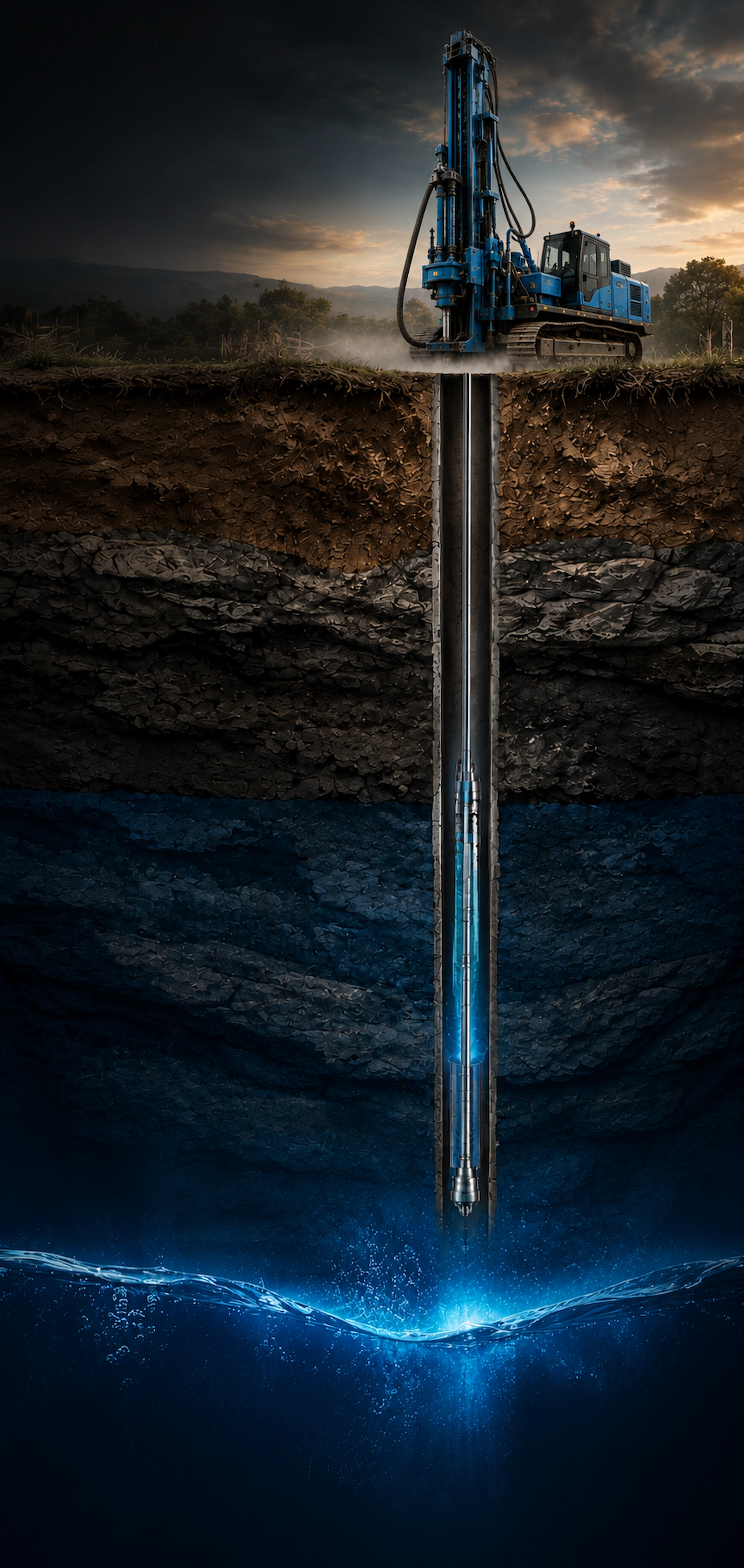 Cross-section of a drilling rig boring down through soil and rock to reach groundwater